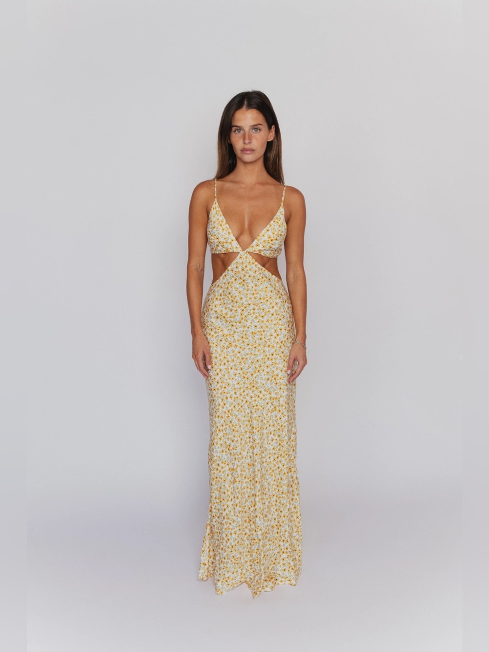 NWT SKATIE Kiele Cutout Maxi Dress Honeydew Floral Yellow Size S